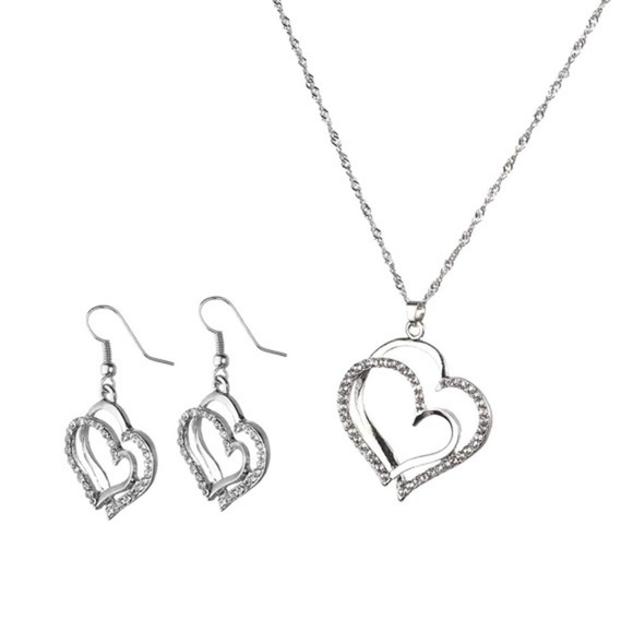 Gold/Silver Double Heart-Shaped Pendant Necklace & Earring set. - Picture 3 of 7